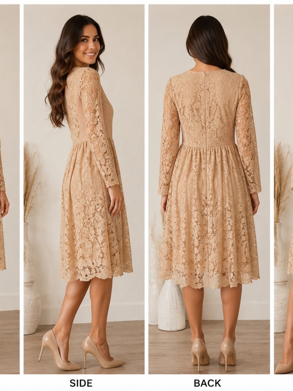 H&M Soft Pink Lace Long-Sleeve Fit-and-Flare Dress